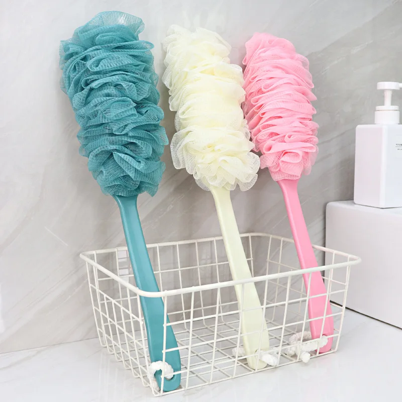 

Baby Shower Brush Bathing Flower Brushes with Long Handle 43cm PS Handle/PE Mesh Body Scrub Wipe Wall Mounted Back Wash Massager