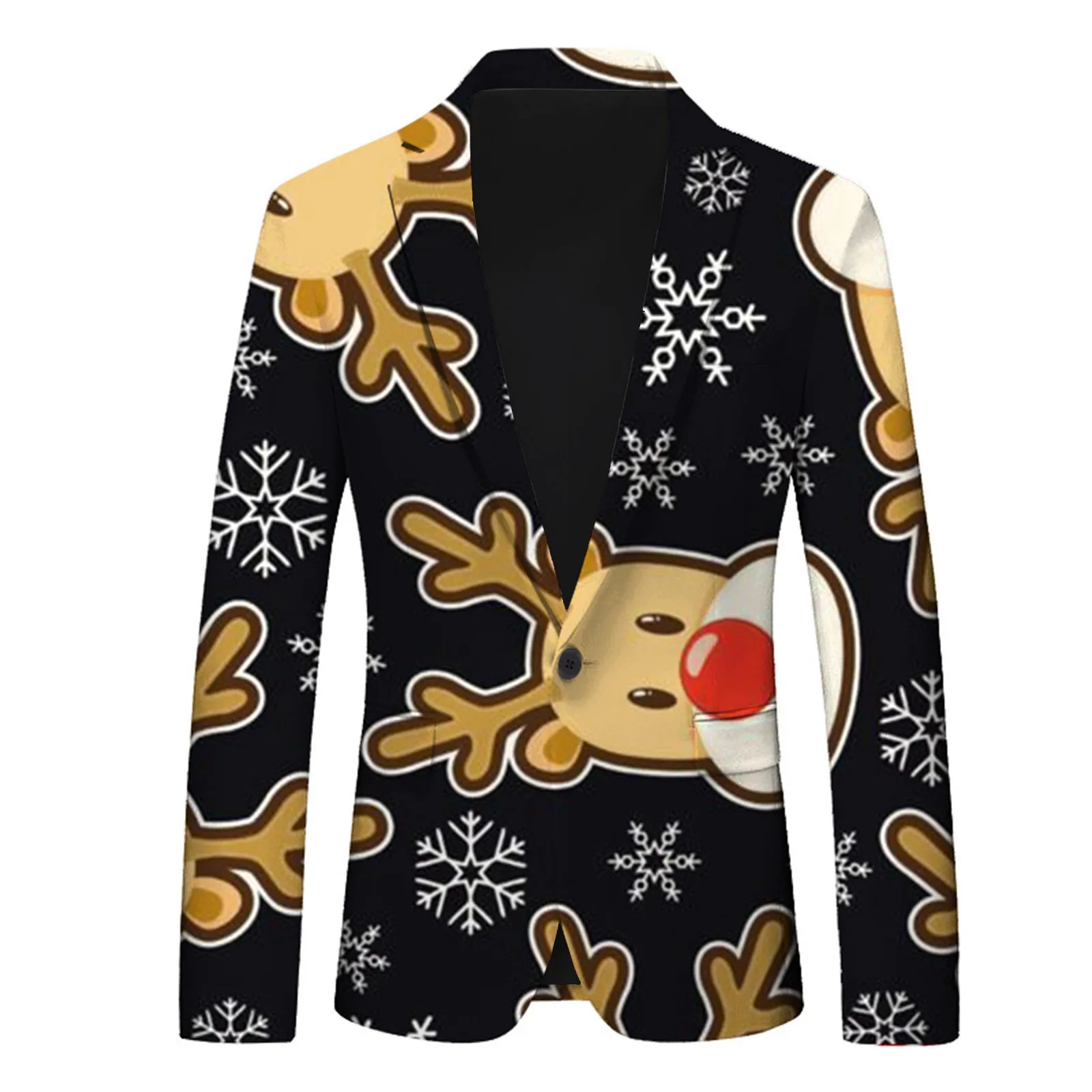 Snowflake Print Men's Christmas Blazer Jackets Pocket Lapel Slim Fit Button Up Suit Coat Party Wear for Wedding