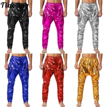 남성용 골드 레깅스, 가벼운 하렘 팬츠, 반짝이는 전체 길이 하의, 메탈릭 팬츠 레이브 의상, 디스코 무대 공연 코스튬