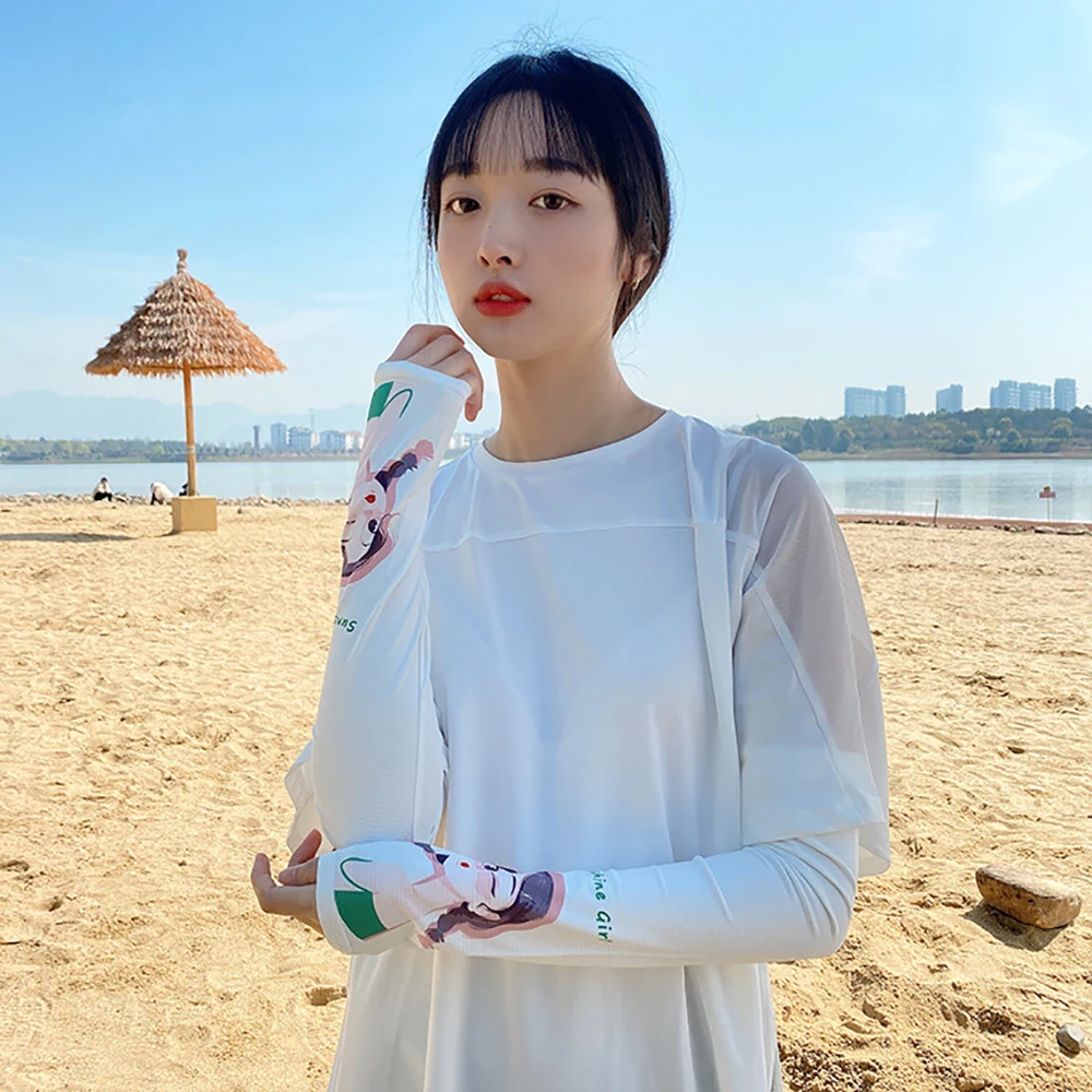 귀여운 예술적 사이클링 여성 운전 냉각 슬리브, 태양 UV 차단, 아이스 실크 슬리브, 팔 슬리브