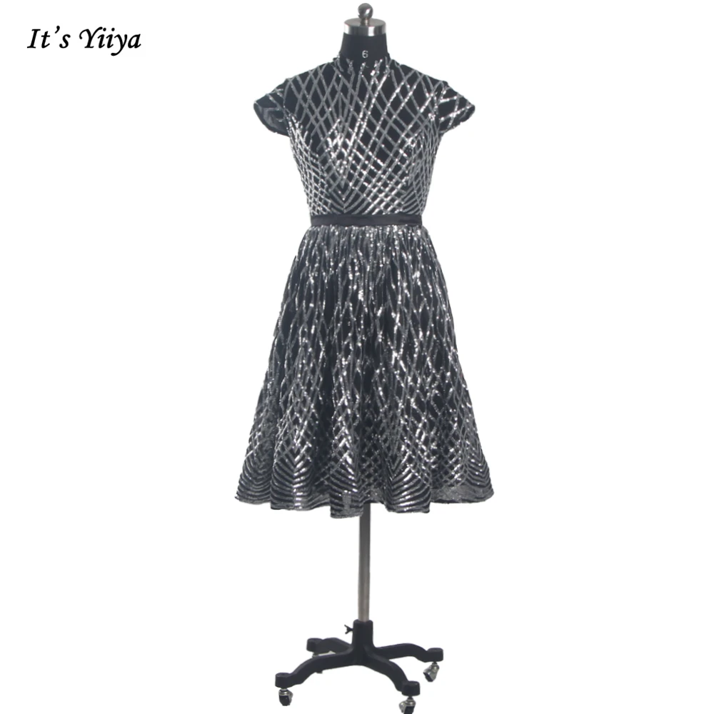 

It's Yiiya Clearance Silver Sequins Bling High Collar Zipper Back Pleat A-line Knee-length Party Dress Evening Dresses LX215