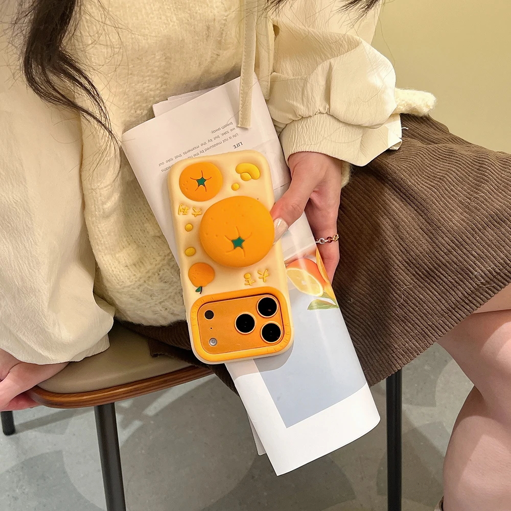 Funny 3D Orange Fruit Soft Silicone Telescopic Stand Case Cover