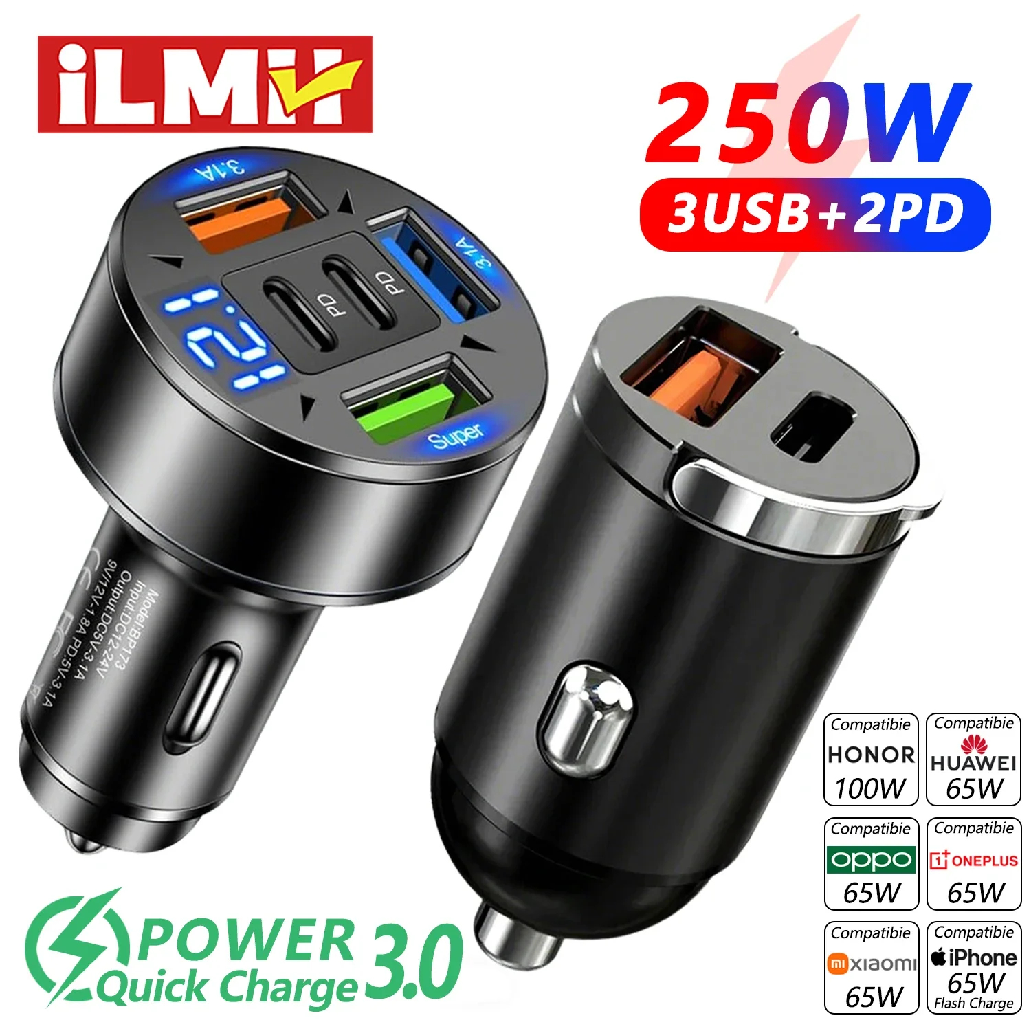 250W 5-Port PD QC3.0 Fast USB-C Car Charger Type C Adapter In Car with Pull Ring For IPhone12-16/Xiaomi/Samsung/Huawei