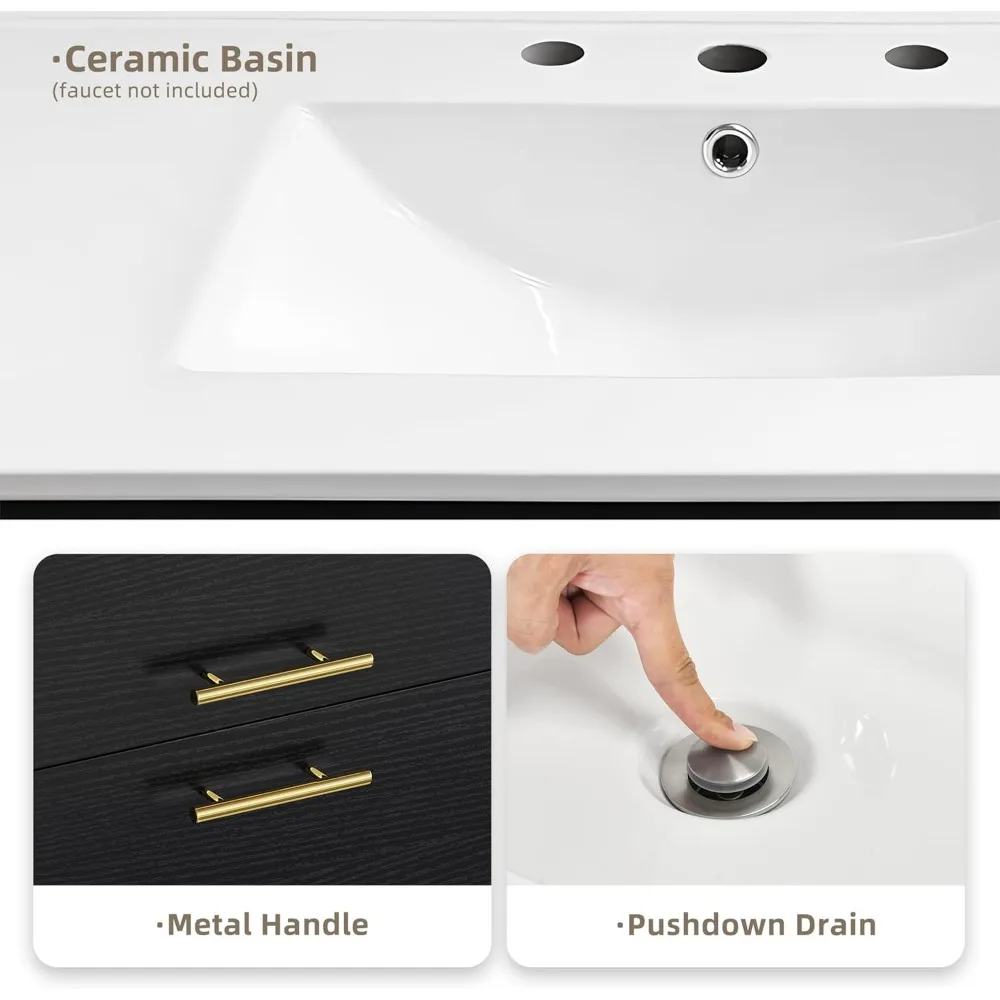 36 Inch Floating Bathroom Vanity with Three Holes Sink, Wall Mounted Cabinet with 2 Storge Cainets Undermount Ceramic Basin 4