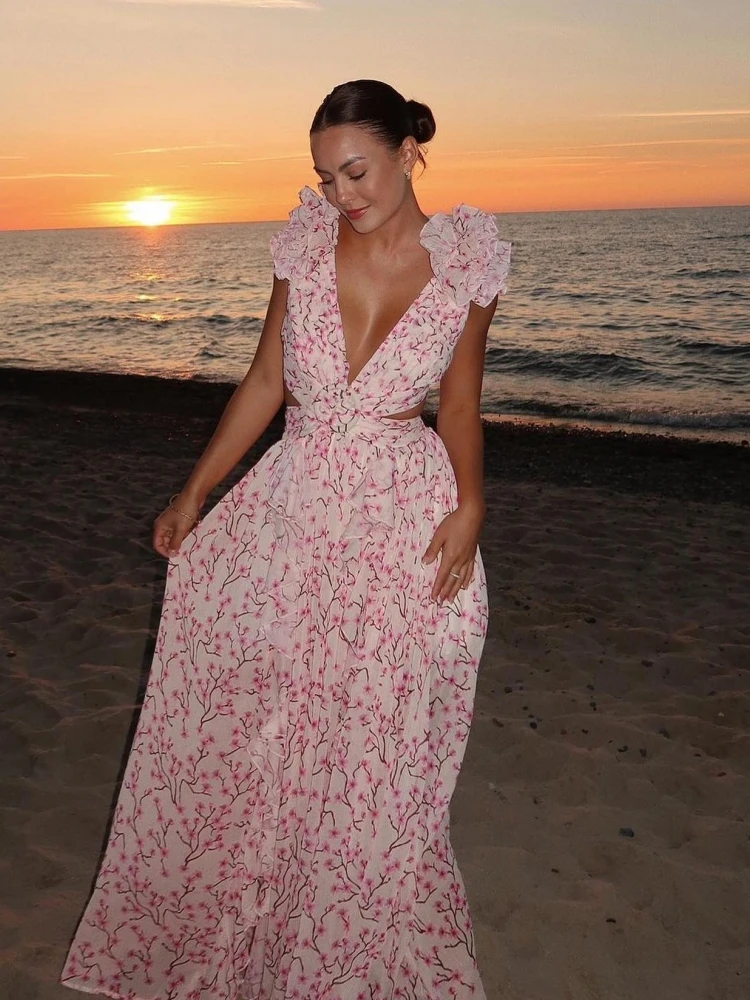 Women's Floral Halter Dress - Sleeveless V-Neck Summer Dress With Pockets & Elastic Waist, 2025 Style - View #8