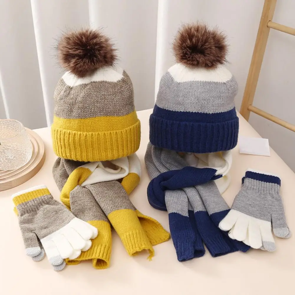 

2023 Child Winter Hats With Fluff Lined Windproof Warm Gloves Outdoor Neck Protection Scarves Set Thick Knitted Bonnets For Kids