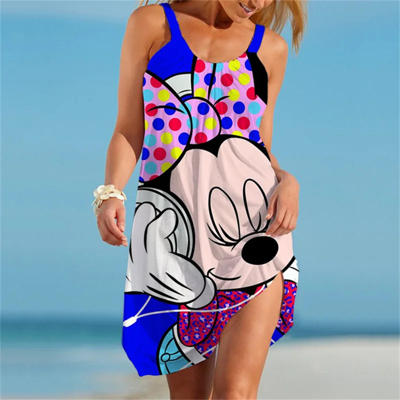 

Minnie Mouse Elegant Disney Print Sleeveless Polka Dress O Neck Chiffon A Line Women Casual Sundress Vintage Midi Vestidos