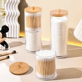 1pcs Cotton Swab Storage Box Acrylic Jar Makeup Organizer Cotton Round Pad Holder Box Q tip Holder Dispenser with Bamboo Lid
