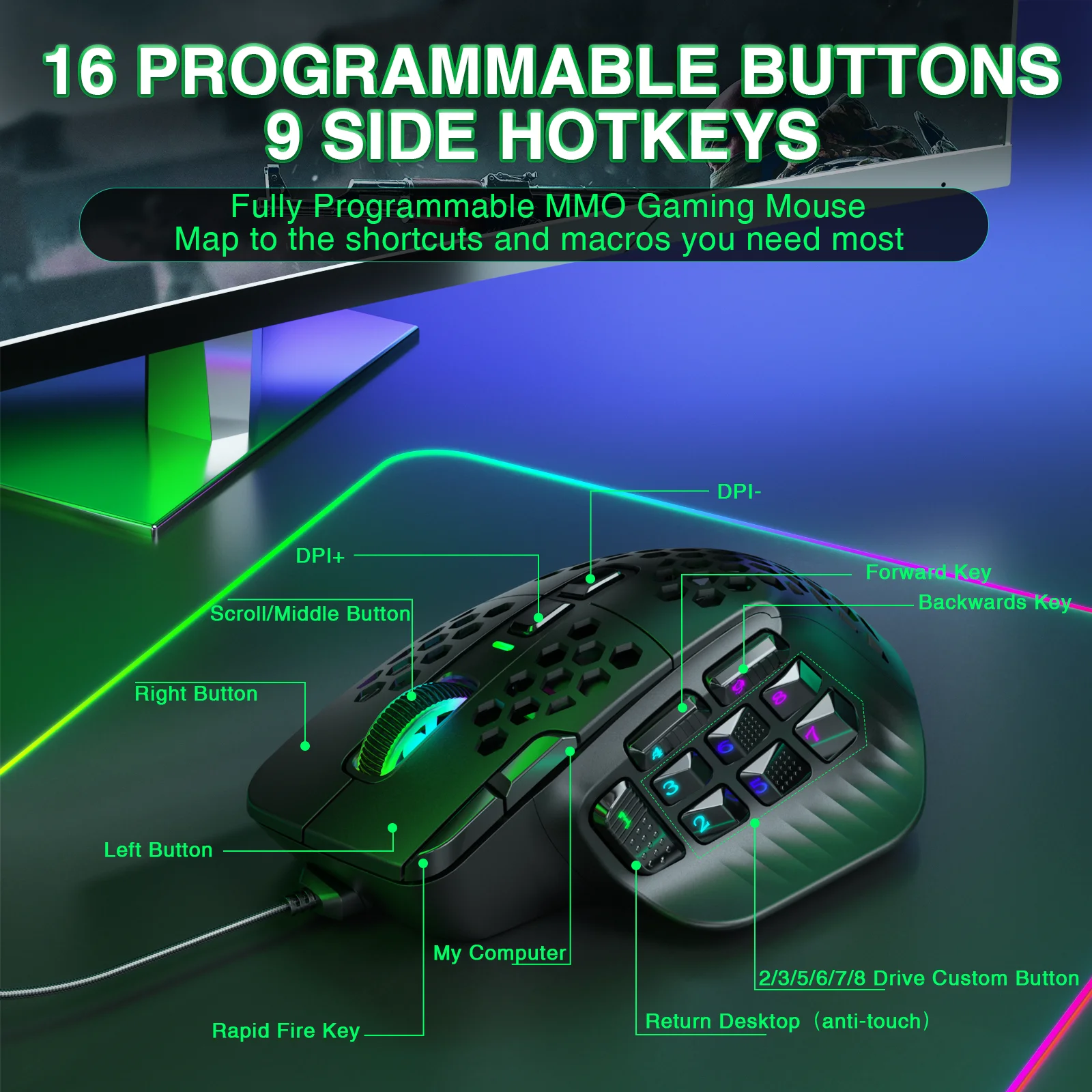 Gaming Mouse SOLAKAKA SM809 Wired Side Buttons 22800 DPI 16 Programmable MMO Macro Esports Ergonomic RGB Backlit
