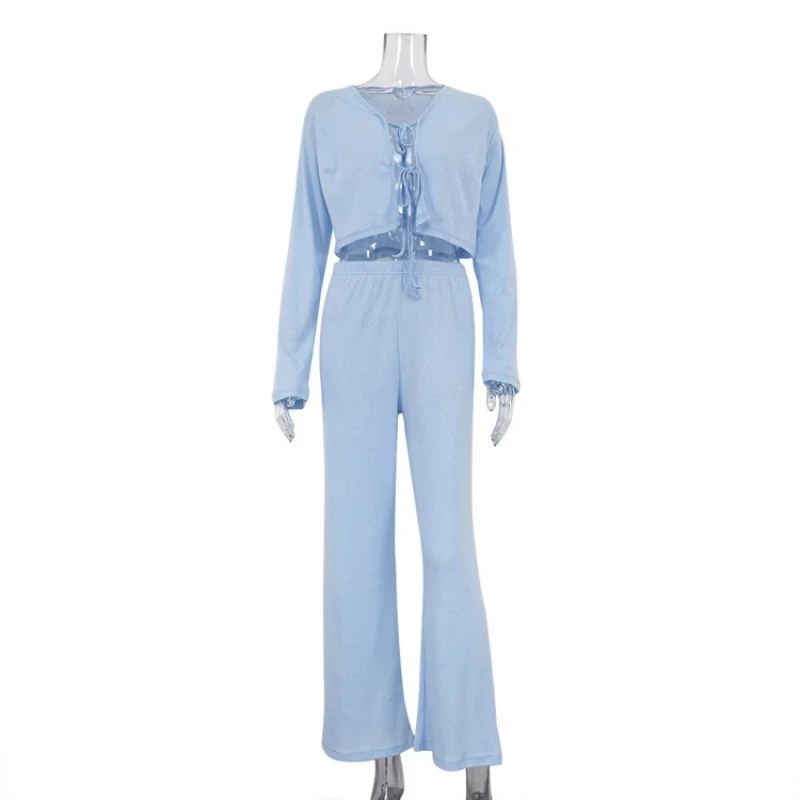 Women's Clothing2024Spring and Autumn Cotton Homewear Knitted Jacquard Long Sleeves Cropped Lace-up Pajamas Trousers Two-Piece S