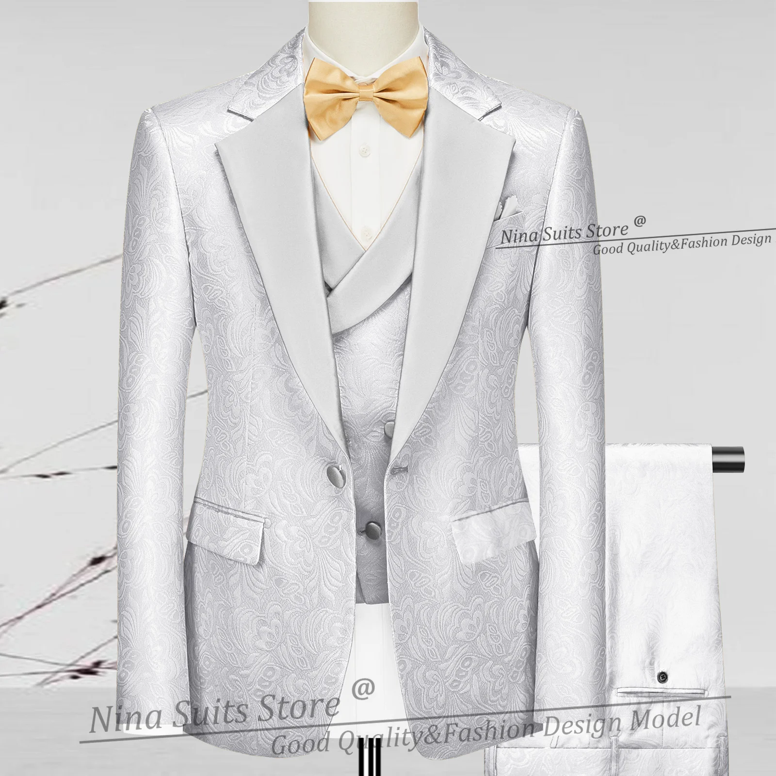 G&N Colorful Jacqaurd Costume for Men 3 Piece Set Sky Blue Paisley Blazer Trousers Waistcoat Groom Party Tuxedo White Lapel