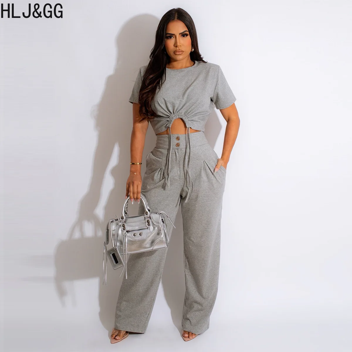 HLJ&GG Casual Drawstring Design Two Piece Sets Women Round Neck Short Sleeve Crop Top And Wide Leg Pants Tracksuits Outfits 2023