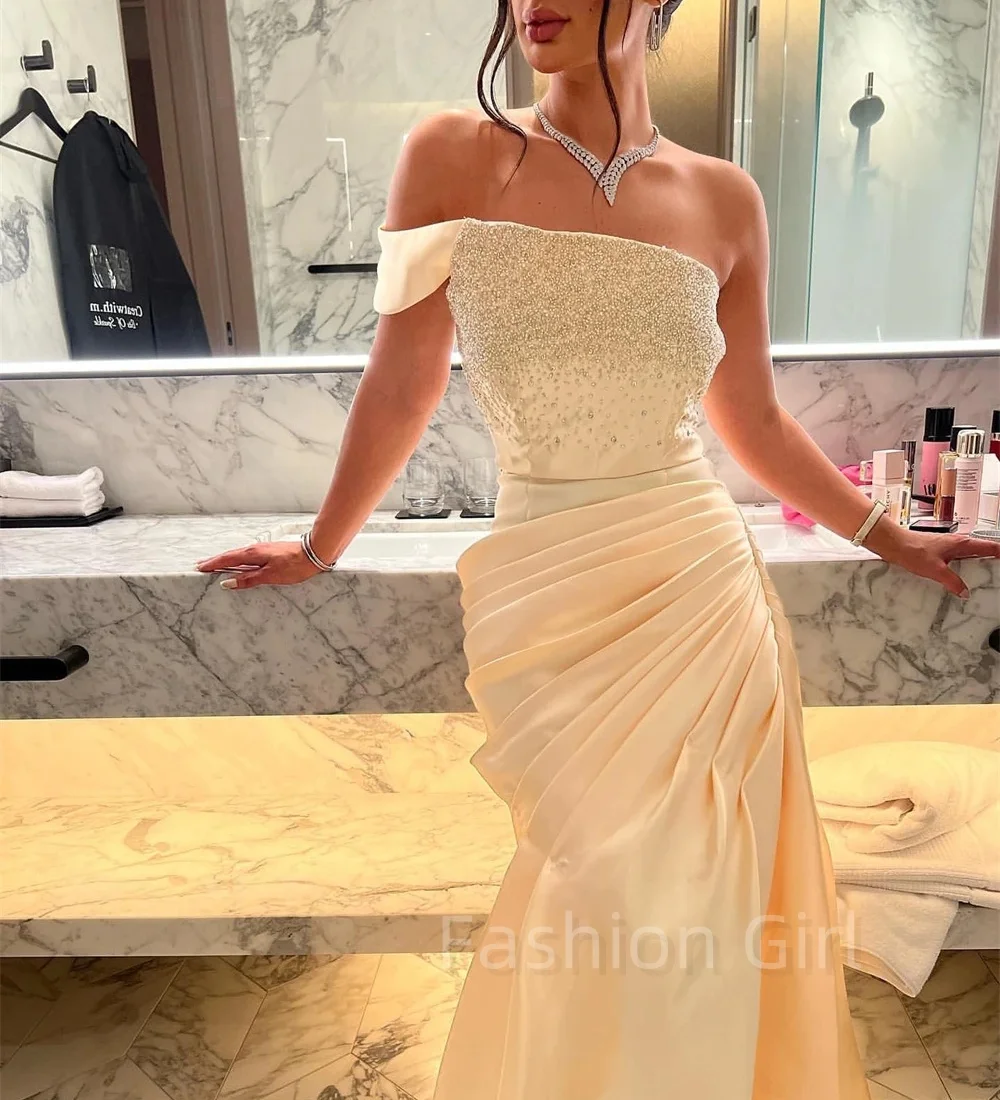

Evening Prom Dresses Beige High Quality Exquisite Off-the-shoulder A-line Floor Length Beading Satin Formal Occasion Prom Dress