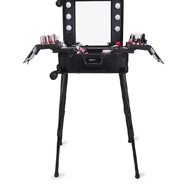 Black Table Beauty Case with Bulbs LED White Light Rolling Studio Makeup Artist Cosmetic Box with Light Leg Mirror Train