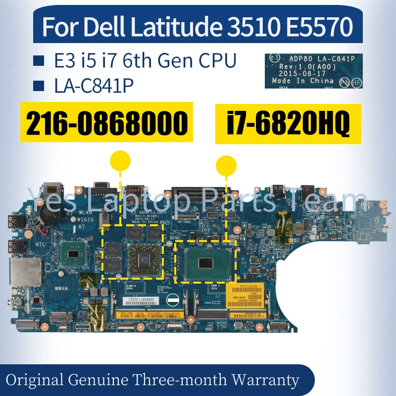 LA-C841P For Dell Latitude 3510 E5570 Laptop Mainboard