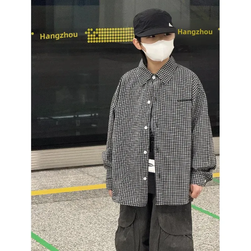 Stylish Plaid Long Sleeve Shirt for Boys Spring Autumn Korean Version Medium And Large Children Fashionable Top