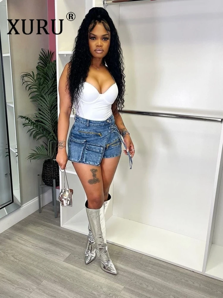 XURU-Multi-pocket Cargo Denim Shorts for Women, Elastic Irregular Booty Jeans, Street Fashion, Y2K, Summer, 2024