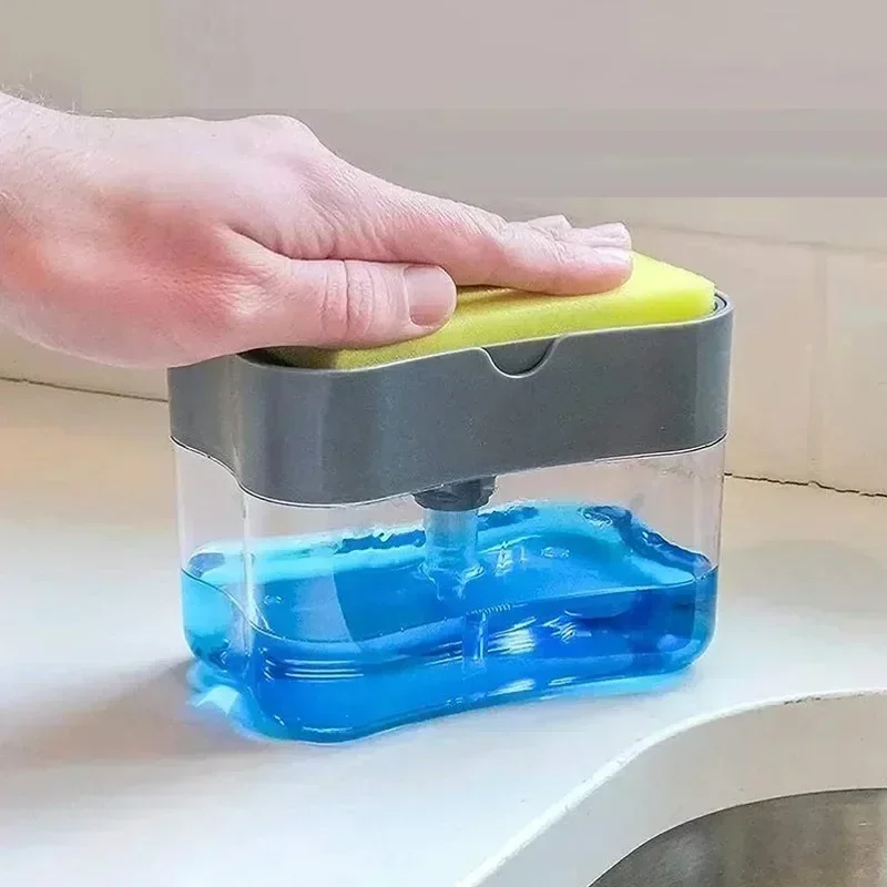 Soap dispenser dishwashing brush kitchen automatic soap dispenser with sponge holder hand pressed dishwashing semen box dishwashing brush cleaning tool