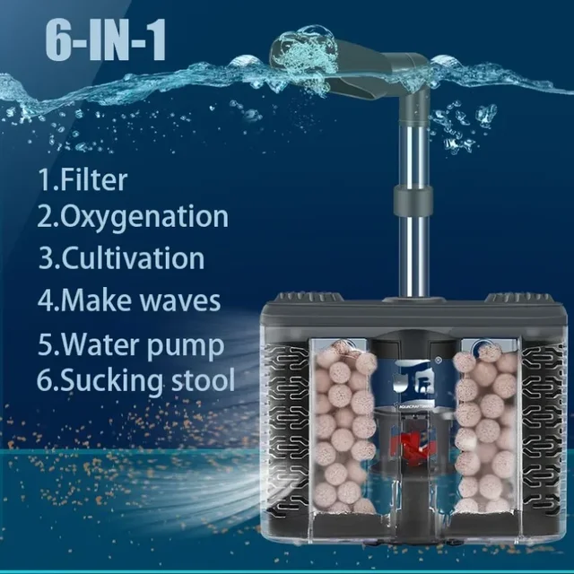 6-IN-1 Aquarium Submersible ตัวกรองภายใน USB ไฟฟ้าถังกรองปลากรองน้ํา Bio-ฟองน้ําปลา Manure เครื่องมือทําความสะอาด 2