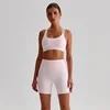 Solid Color High Waist Gym Yoga Short Legging Set Tight Women Cross Back High Impact Shoulder Strap Fitness Bra Top Sportwear