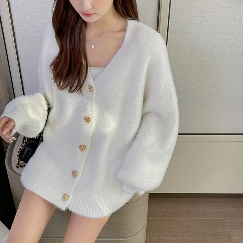 White Heart Buttons Mink Cashmere Cardigan V Neck Autumn