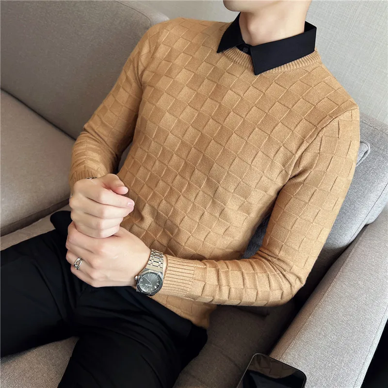 2023 Fake 2 piece Shirt Collar Casual Knitting Sweaters/Male Slim Fashion Round Collar Pullover/Men Jacquard Plaid Knit Shirt