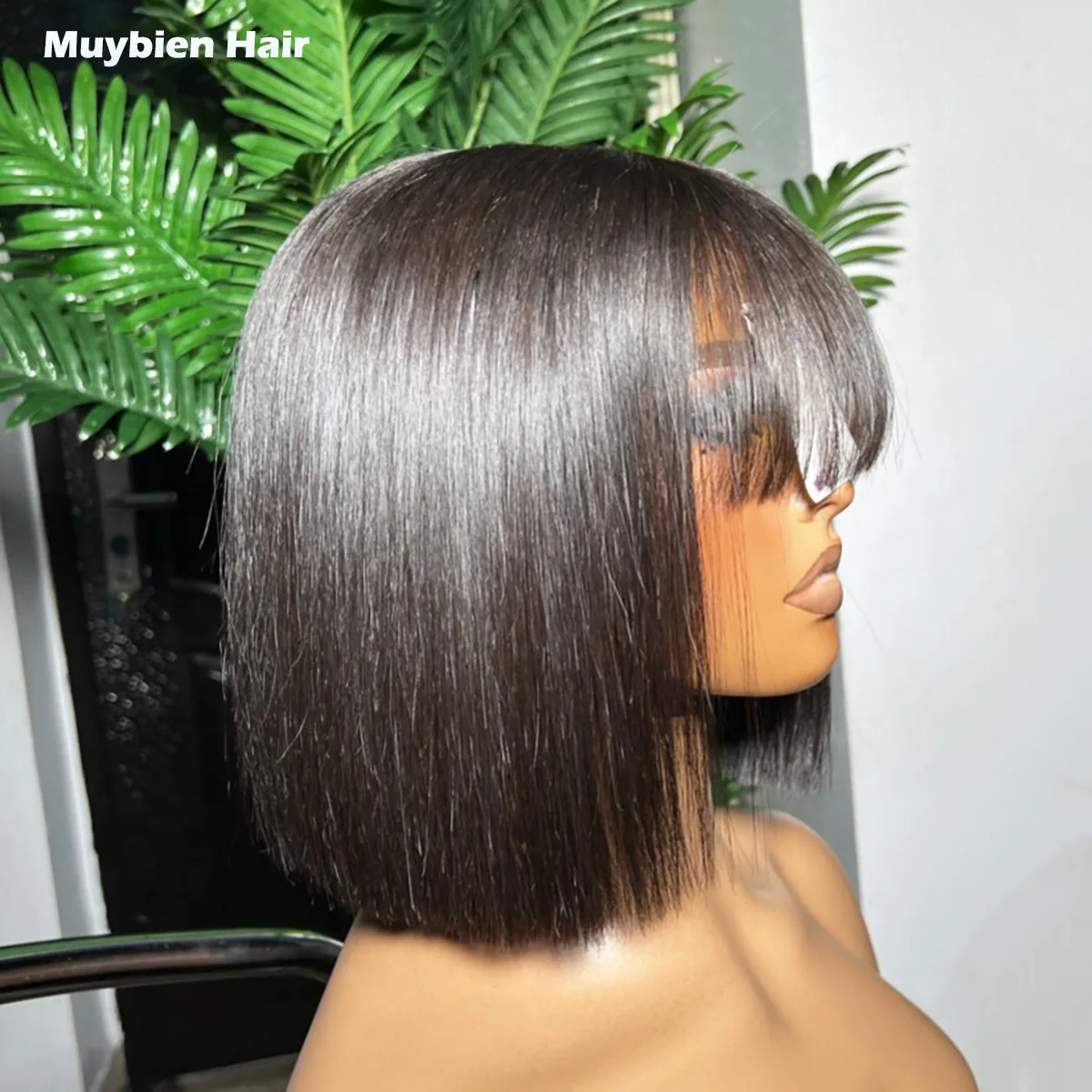 Perruque Bob en cheveux humains vietnamiens, super double drawn, ultra-lisse, coupe droite, avec frange coupée à l’angle droit, sans colle, prête à porter, avec closure 4×4