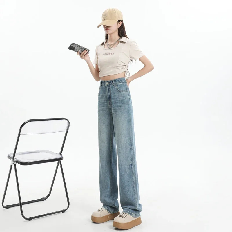 

Новое поступление, женские джинсы, корейская мода, джинсовые брюки с широкими штанинами, женские прямые свободные и приталенные джинсы Y2k с высокой талией