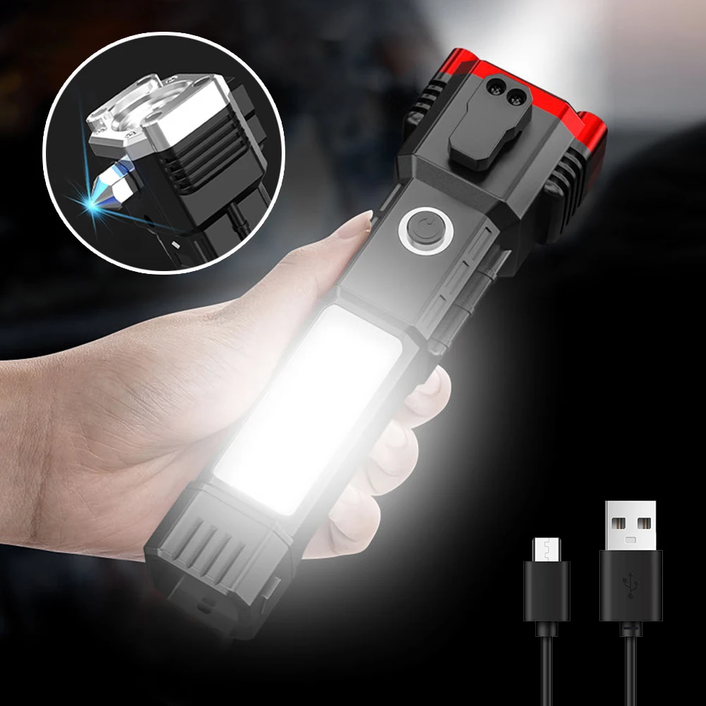 

Work Flashlight Strong Light COB Multi Functional Outdoor Lamp USB Rechargeable Emergency Window Breaking Escape Safety Hammer