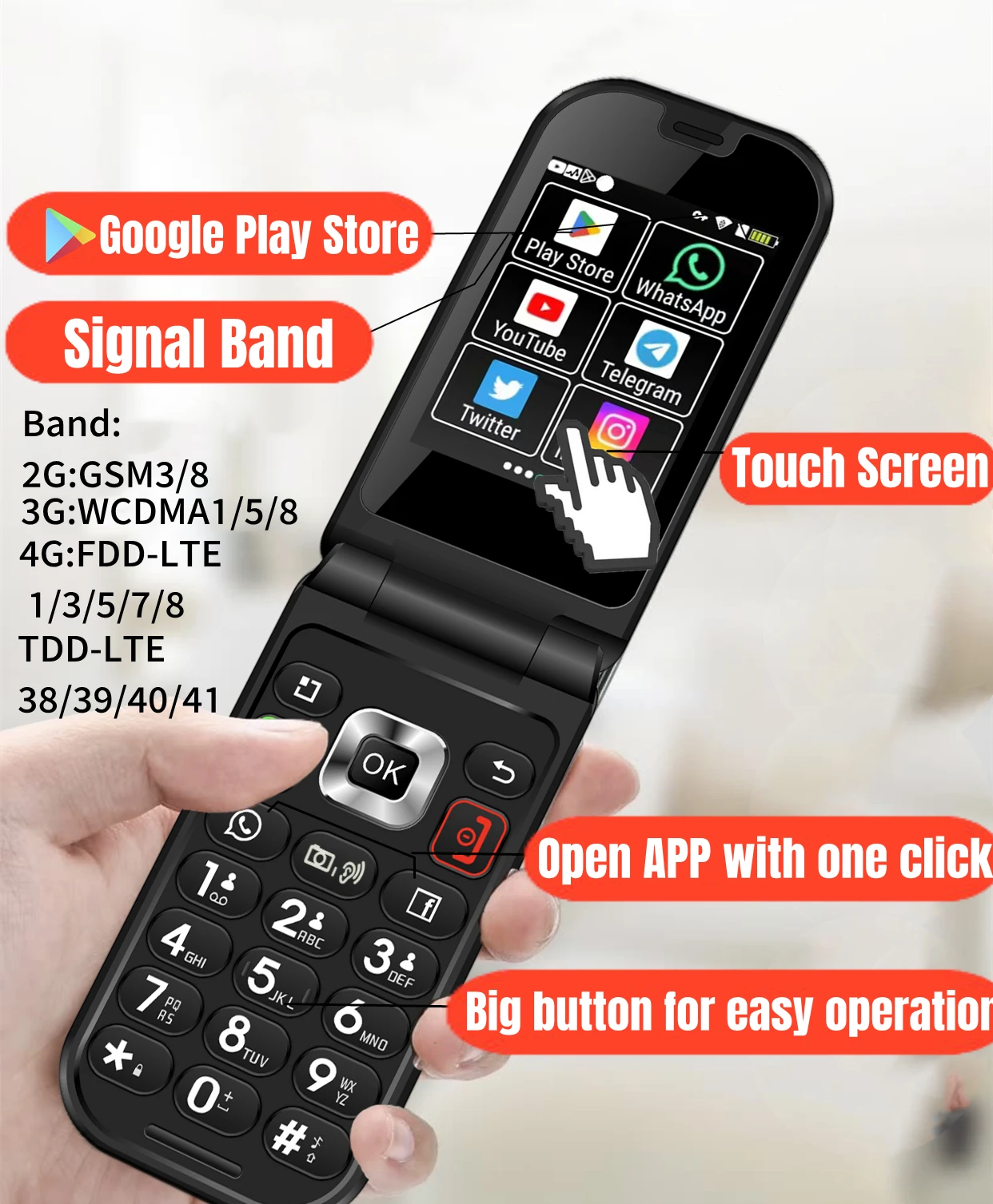 New Model Q3 4G Android 8 MTK 6739 Touch Screen 1450mAh Flip Smart Phone WiFi 2.8 Inch 3GB 32GB Version 2