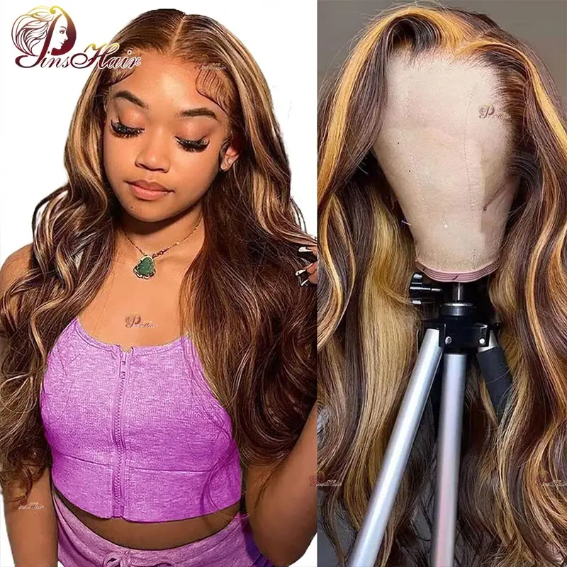 

Highlights Colored Lace Front Wig Bown Body Wave 13X4 Lace Front Human Hair Wigs Ginger Blonde Remy Hair Pre Plucked For Women