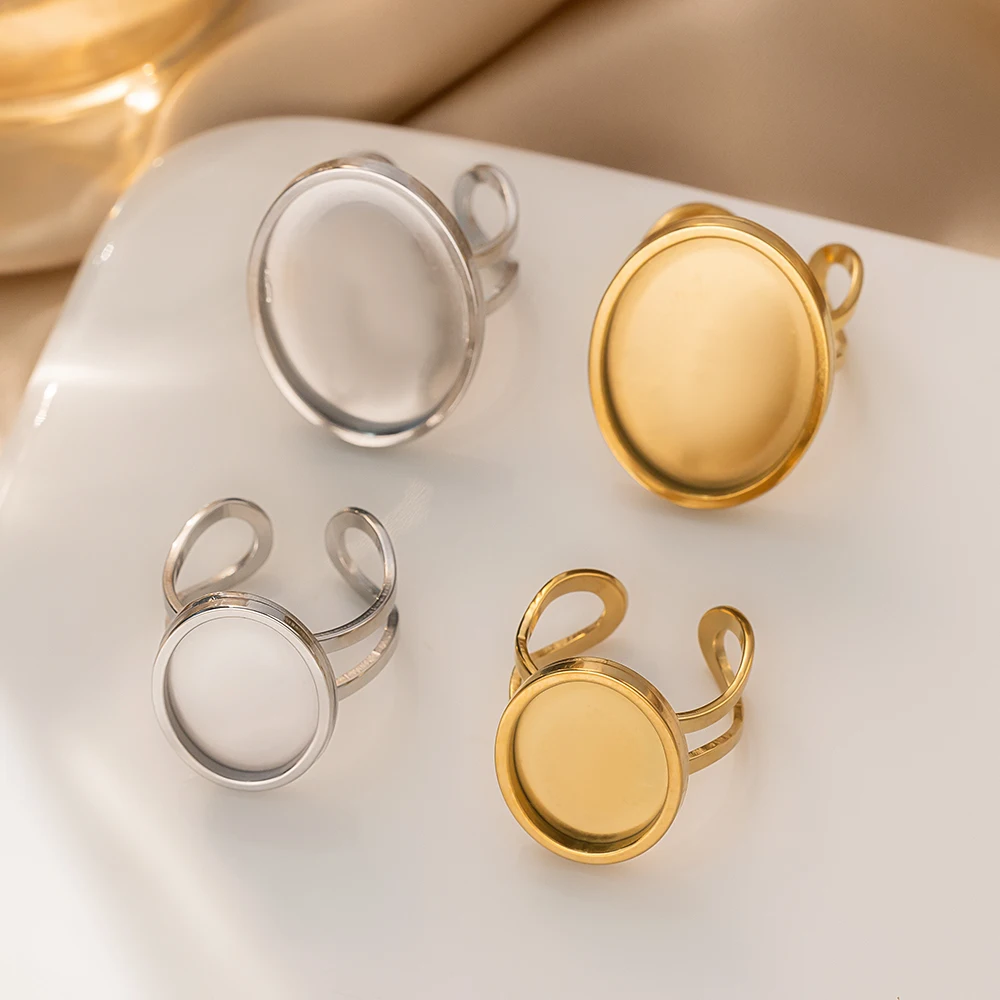 2 Stück rundes ovales Edelstahl-Rohling-Tablett, verstellbare Ringfassung, Cabochon-Basislünette für DIY-Schmuckherstellung, Zubehör – Detail 4