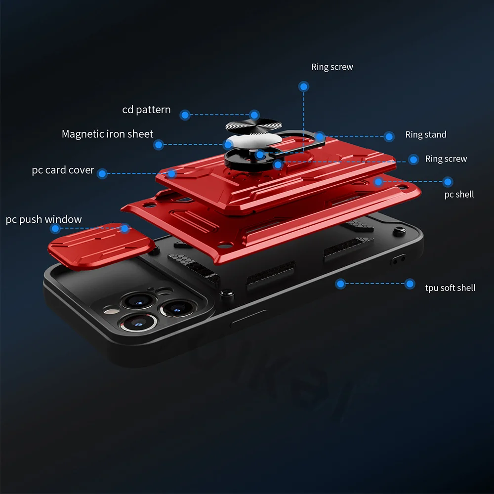 For iPhone 13 12 11 Pro Max Case Slide Stand Kickstand Ring Camera Military Grade Card Slot SE 2020 XR XS Max X XS 8 Plus Cover
