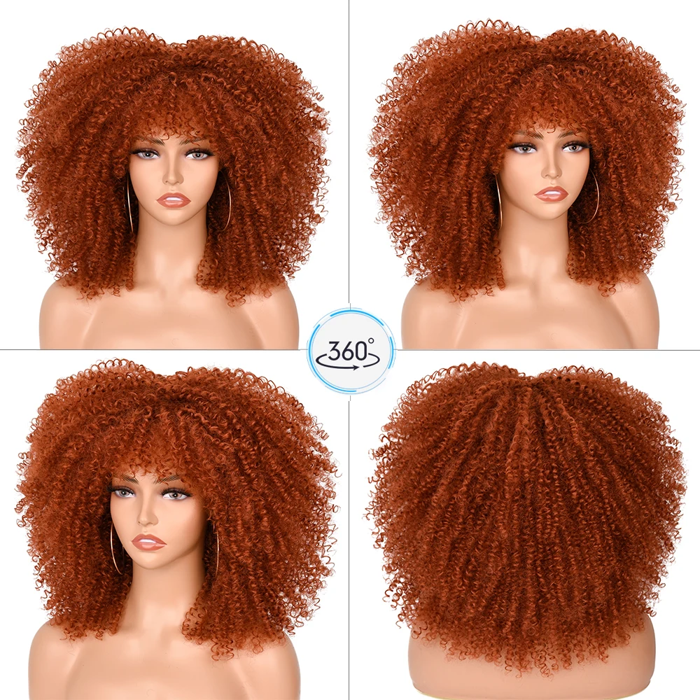 Krótkie włosy peruki blond Afro peruka z kręconych włosów typu Kinky z grzywką dla czarnych kobiet Cosplay Lolita syntetyczny naturalny Glueless brązowy mieszany