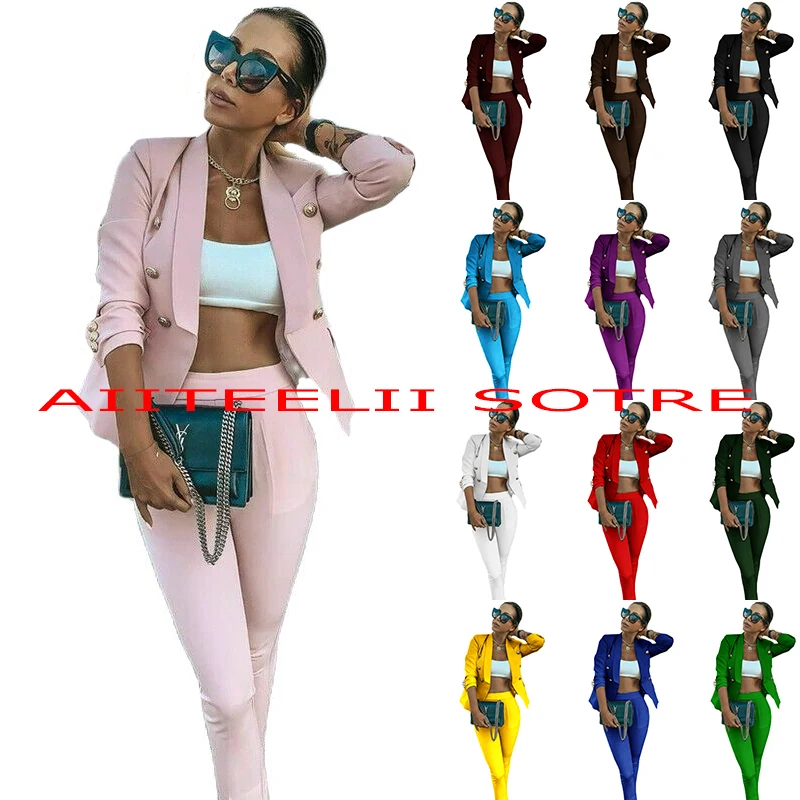 Women's Suit Pant Set 2 Piece Double Breasted Jacket Formal Business Lady Blazer Pants ensemble femme 2 pièces