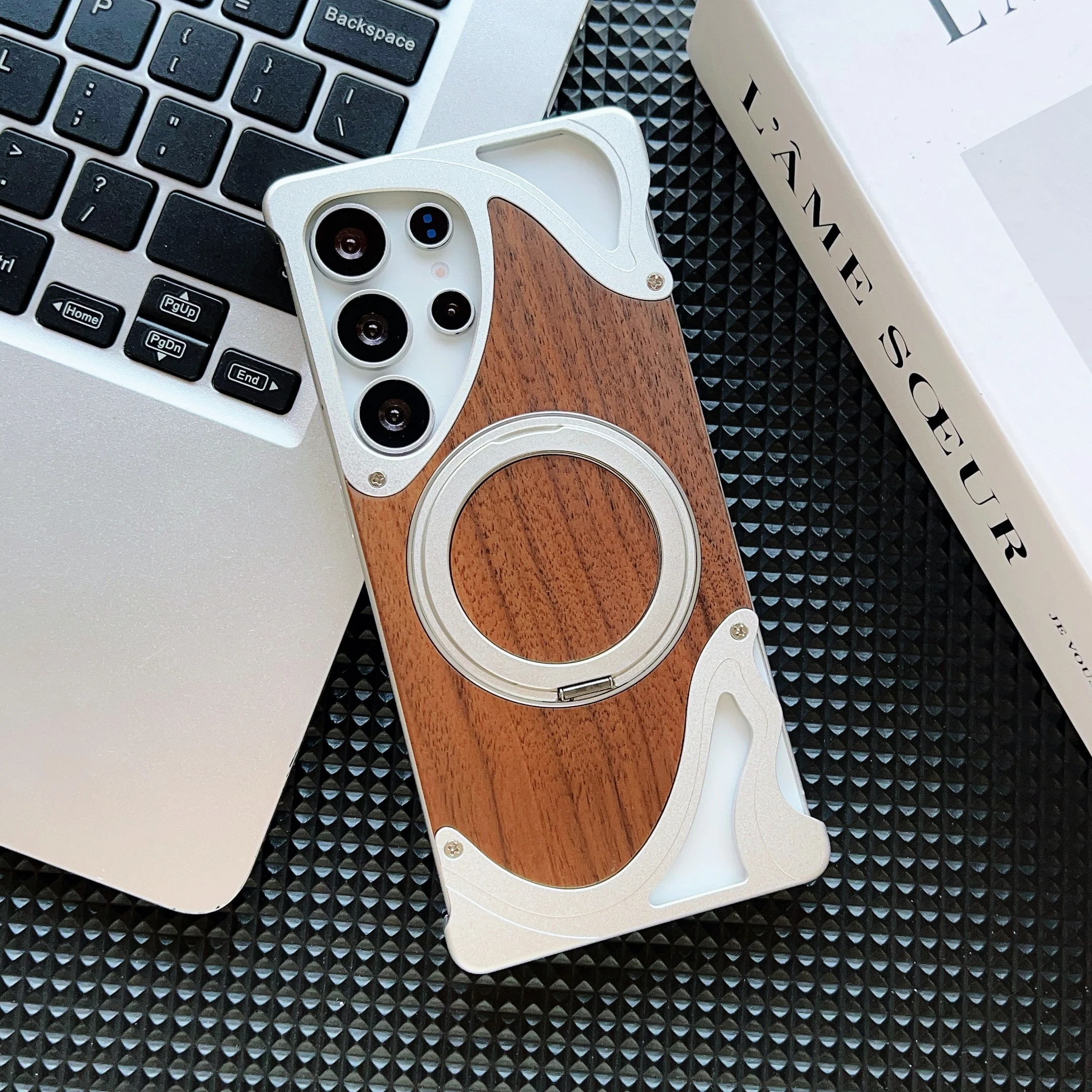 Walnut Wood Metal Armor Case with 360° Rotating Magnetic Bracket - Shockproof Cover