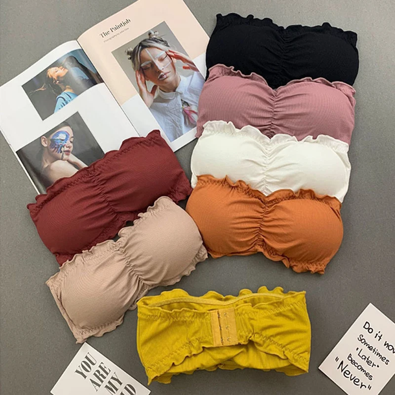Women Lingerie Bra Ruffle Strapless Three Hook-and-eye Cotton Bra Crop Top Women Bra Invisible Beauty Back Off Shoulder Omighty Camisole