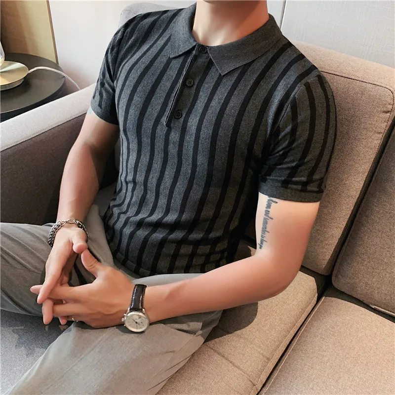 Ice silk thin style hollowed out knitted lapel short sleeve men