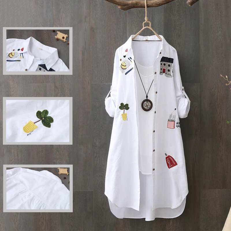 Women Cotton Embroidery Loose Long White Shirts 2022 Spring Autumn New Casual Office Lady Blouse Female Top Oversize 4XL Blouse