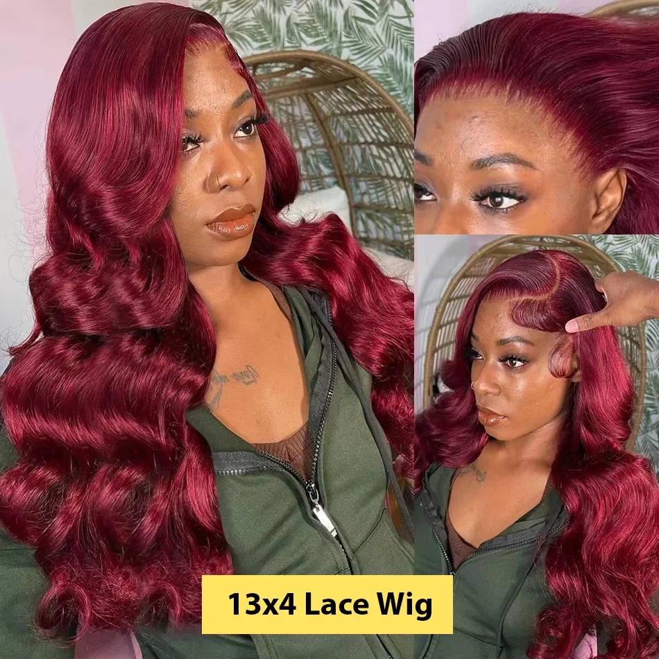 250%Density Body Wave 99j Burgundy Red Wig Human Hair 13x4 13x6 HD Lace Frontal Wig Human Hair Pre Plucked Remy Real Human Hair 3