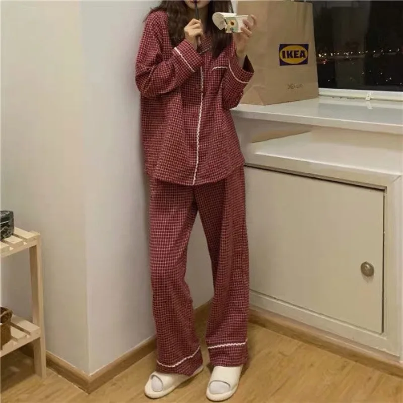Pajama Sets Women Home Autumn Plaid Vintage Sleepwear Girls Cozy Lounge Classic Tender Korean Style Soft Comfort Chic Dormitory