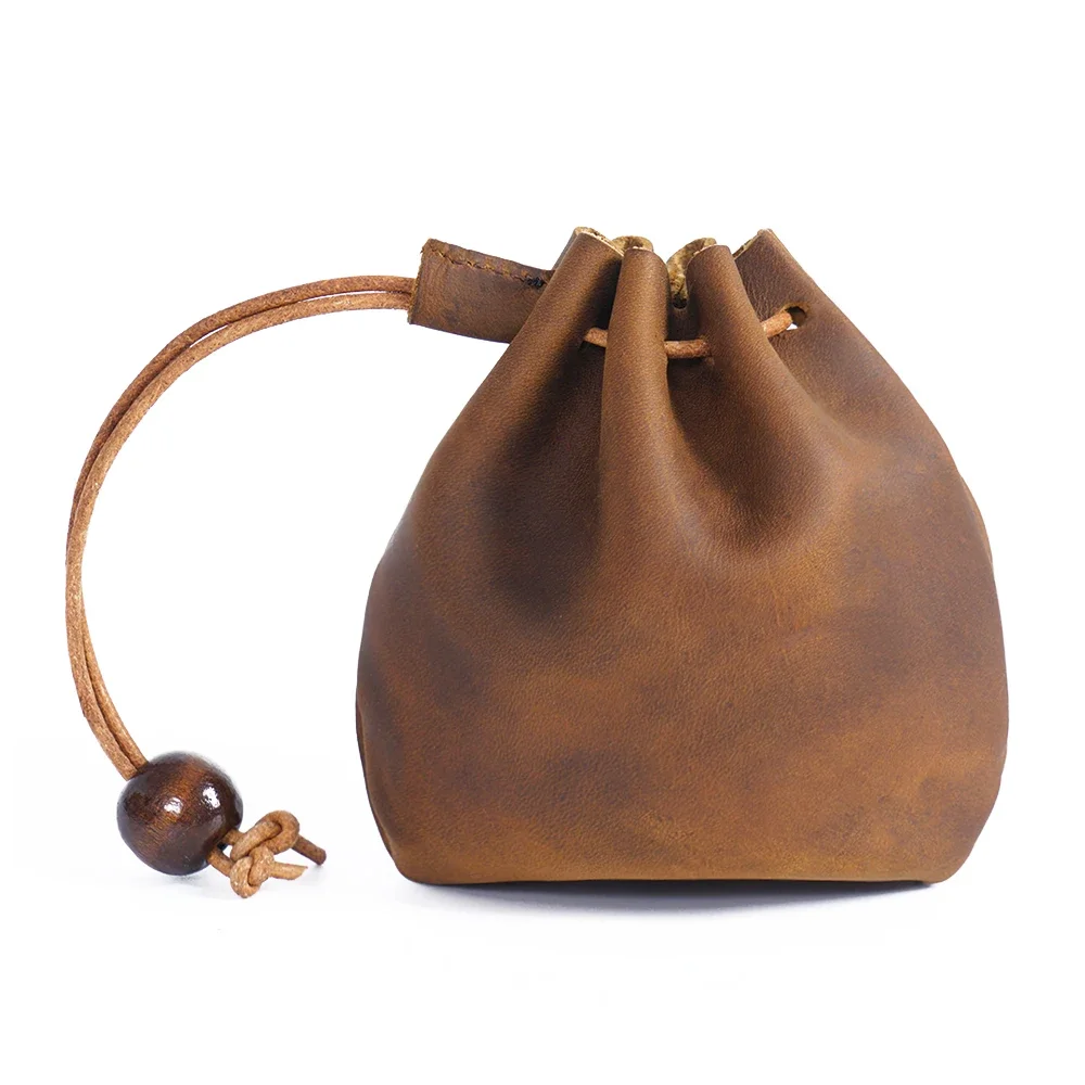 Moterm Original Handmade Genuine Leather Unisex Coin Purse Cow Leather Coins Money Pocket Retro Wallet Drawstring Storage Bag