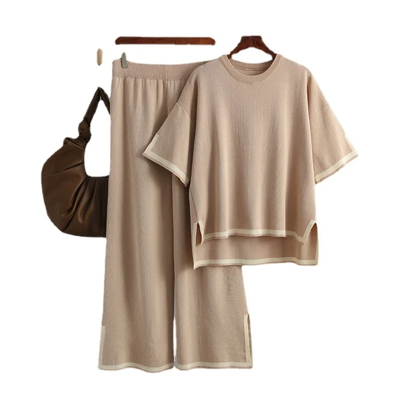 MODX New Fashion Set Temperament Contrast Color Split Short Sleeve Knitwear+High Waist Slim Wide Leg Pants Two Piece Set