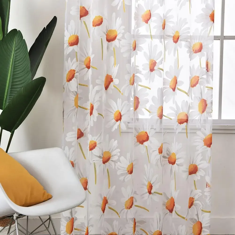 Printed Daisy Patterned Flower Tulle Curtain For Living Room Window Screen