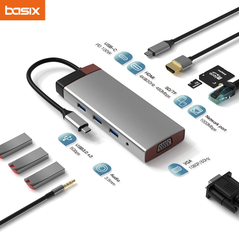 

Basix USB C Hub for Macbook M1 Adapter PD Charge Dock Station RJ45 HDMI-Compatible TF/SD Card Type-C Splitter Adapter usb c hub