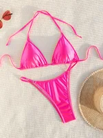 Sexy Micro Bikini Women Solid Hot Pink Push Up Bra Thong Swimsuit Brazilian Lace-up Bathing Suit Thong Swimwear Biquini 2025