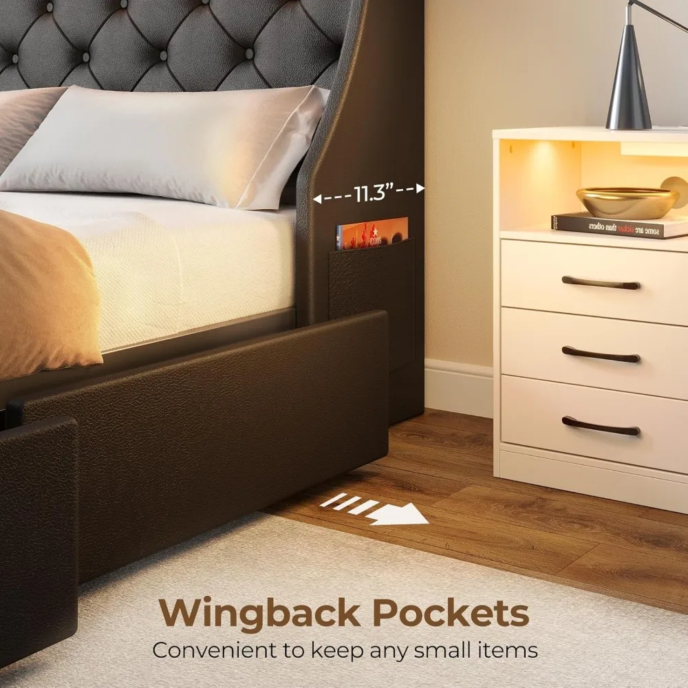 Queen Bed Frame with LED Lights and Charging Station, PU Leather Bed with Drawers, Wooden Slats, Noise Free,  Bed Frame 6