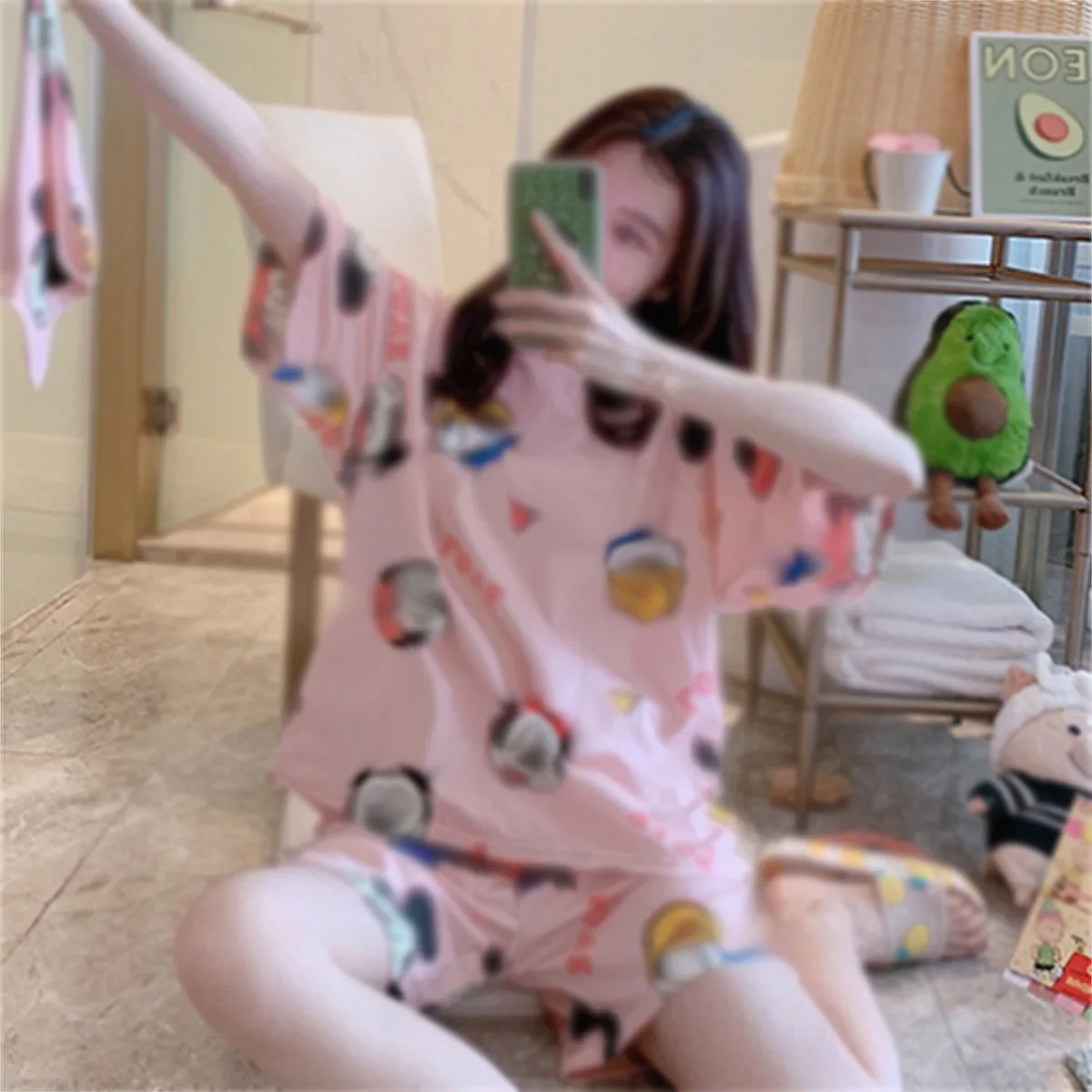 2-Piece Women Summer Pajamas Loose Plus Size Sweet Student Short-Sleeved Shorts Can Be Worn Outside Home Clothes Set Cotton Pajama Set Summer Home Clothes Set