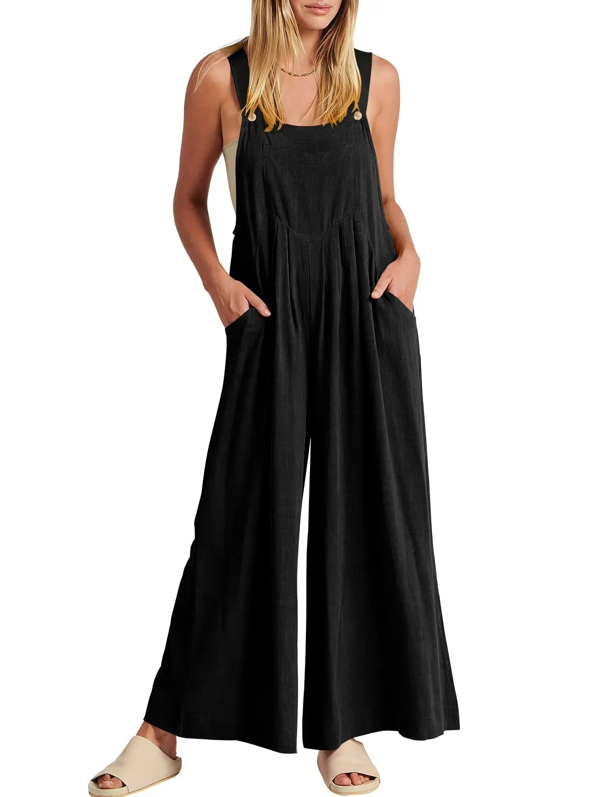 

Women's Sleeveless Wide Leg Jumpsuit with Pockets Adjustable Straps Casual Loose Jumpsuit for Everyday Party Beach Vacation
