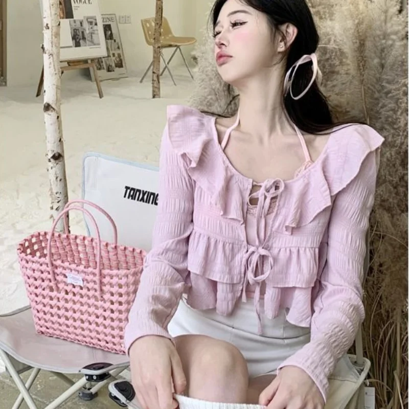 Blus Wanita Ruffle Hotsweet Lace Up Atasan Crop Ramping Musim Semi Model Korea Fashion Wanita Solid All-Match Elegan Kasual Chic Ins - AliExpress